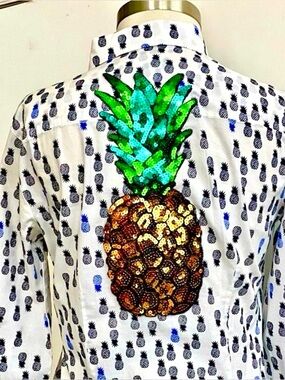 J Crew Pineapple blouse top with large sequin pineapple patch. White/blue/black